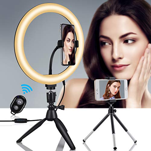 LED 10” Ring Light with Tripod Stand & Phone Holder for Tik Tok & Live Streaming, Dimmable USB Powered Desktop Makeup Ring Lights with 3 Color & 10 Brightness for Youtube Video Photography Shooting