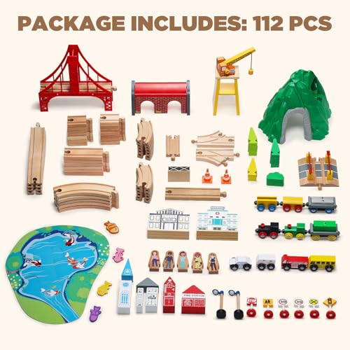 SainSmart Jr. 112-Piece Wooden Train Set for Toddler – Double-Sided Train Tracks, Compatible with Brio, Thomas, Melissa & Doug – Perfect Wood Toy for Boys and Girls