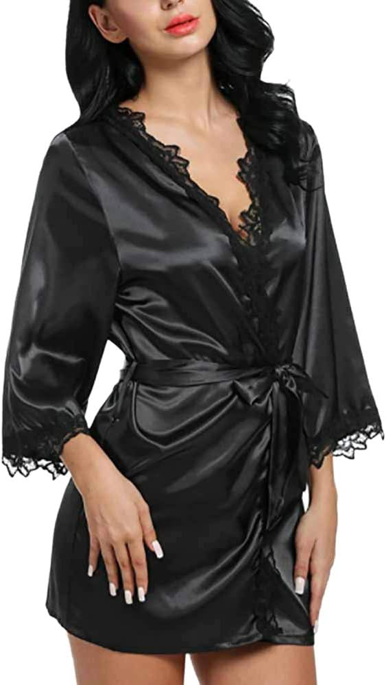 POQOQ Sleepwear Lingerie Women Sexy Silk Dressing Babydoll Lace Belt Bath Robe S Black