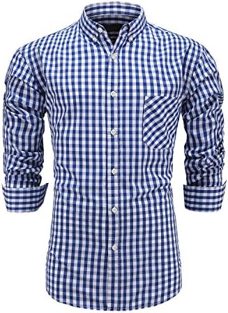 GoldCut Men 100% Cotton Slim Fit Long Sleeve Button Down Plaid Dress Shirt XL Navy