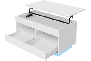HOMMPA LED Coffee Table for Living Room Morden Coffee Tables with Lift Top High Gloss 4 Tiers White Tea Table with Storage Center Tables Sofa Hidden Compartment & 2 Open Shelve & 2 Drawers