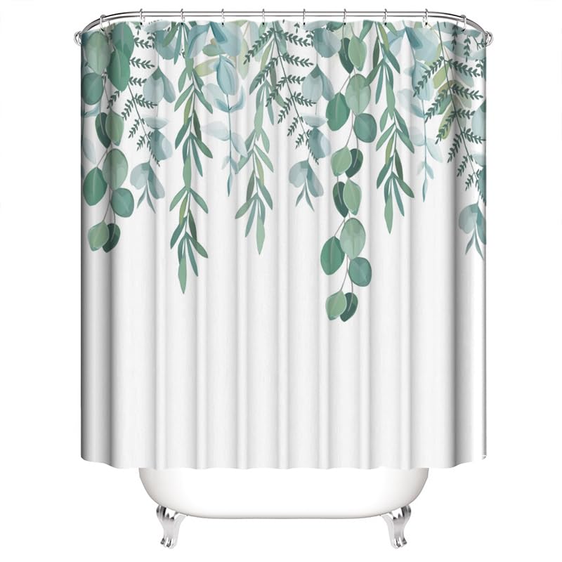 xinbai Green Eucalyptus Shower Curtain Sets,Watercolor Plant Leaves with Floral Bathroom Curtains,Modern Minimalist Bath Curtain, Waterproof Fabric with 12 Hooks 180x180