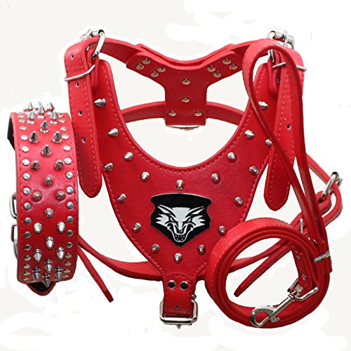 haoyueer Medium & Large Dog Leather Spiked Studded Dog Harness,Collar & Leash 3Pcs Set for Pit Bull,Mastiff, Boxer, Bull Terrier (L, Red)