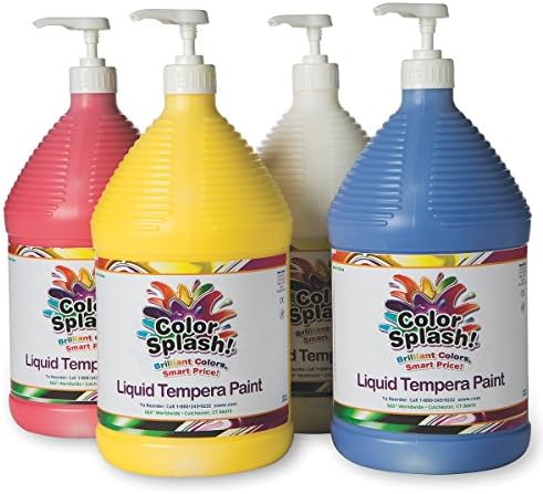 S&S Worldwide Color Splash! Liquid Tempera Bulk Paint, Primary Colors & White, 4 FREE Paint Pumps, 128oz (Gallon) Bottles, Arts & Crafts, School, Camp, For Kids & Adults, Non-Toxic, Set of 4.