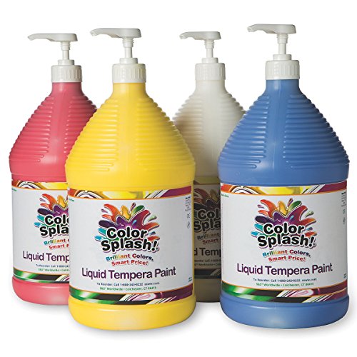 S&S Worldwide Color Splash! Liquid Tempera Bulk Paint, Primary Colors & White, 4 FREE Paint Pumps, 128oz (Gallon) Bottles, Arts & Crafts, School, Camp, For Kids & Adults, Non-Toxic, Set of 4.