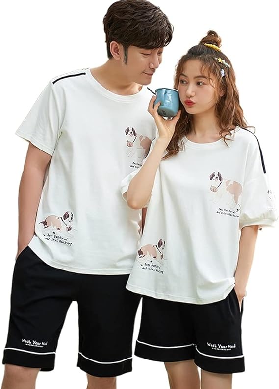 Amazon Co Jp カップルパジャマ ペア カップル ルームウェア 半袖 お祝い プレゼント パジャマ ワンピース 上下セット ペアパジャマ 可愛い 部屋着 ペアルック 彼女 彼氏 お揃い 服 ファッション小物