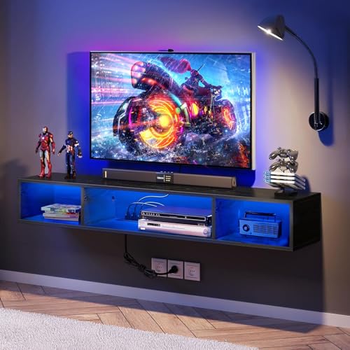 WELIKERA Mueble para TV 70 Pulgadas con Luces RGB, Repisas Flotantes de Pared para TV con Toma de Corriente, Almacenamiento Debajo para Salón, Dormitorio, Negro
