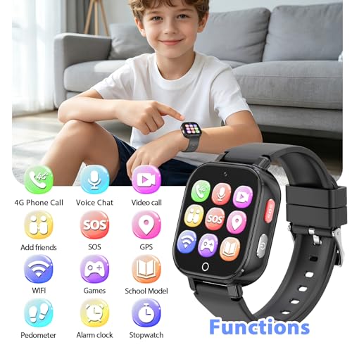 4G Children's Smartwatch with Video Call, GPS, SOS, Voice Chat, IP68 Waterproof, School Mode, Pedometer, Alarm Clock, Educational Games, Children's Watch Gift for Boys and Girls 4-12 Years (Black-8A)