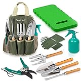 Scuddles Garden Tools Set - 8 Piece Heavy Duty Gardening Tools with Storage Organizer, Ergonomic Hand Digging Weeder, Rake, Shovel, Trowel, Sprayer, Gloves Gift for Men & Women (Green Larger Bundle)