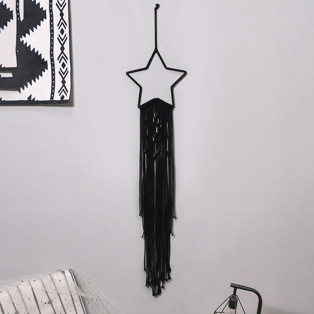 Artilady Black Moon Star Dreamcatcher - Handmade Macrame Dream Catchers Half Circle Moon with Pearl, Bohemian Cotton Woven Wall Hanging Home Decor (1pc Star, Black)