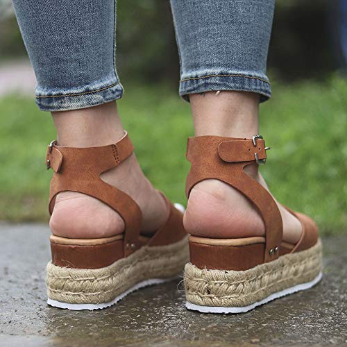 HIFUAR Women's Espadrille Sandal Platform Wedge Halter Ankle Strap Open Toe Faux Leather Studded Wedge Summer Sandals Brown US 5