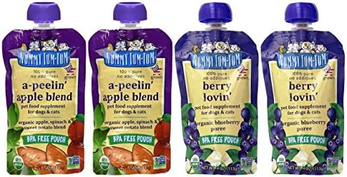 Nummy Tum-Tum Organic Pet Food Supplement For Dogs &amp; Cats 2 Flavor 4 Pouch Sampler Bundle, 2 each: A-Peelin' Apple Blend and Berry Lovin' (4 Ounces)