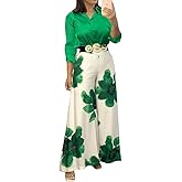 Ninimour Women’s 2 Piece Satin Outfit, Long Sleeve Top and Floral Print Wide Leg Pants Set, High Waist, Elastic Waist