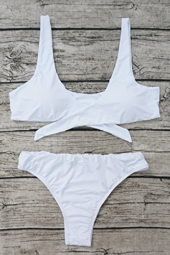 ESONLAR White Front Knotted Active Crop Top High Waist Bikini Swimwear for Women M