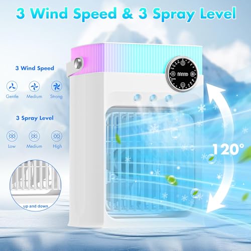 Portable Air Conditioners, Mini AC Unit Cooling Fan for Bedroom,1200ML Small Air Cooler Fans with Remote, 3 Mist,3 Speed,8 Light,2-8H Timer Personal AC Portable for Office Camping Car Desk(White)