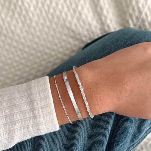 CASSIECA Sterling Silver Bracelets for Women Ladies Silver Bracelets Layered Dainty Link Chain Bracelet Adjustable Stackable Beaded Bracelets for Women Girls