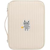 Kimhachan Stripe Kitty 11 Inch Tablet Pouch with Handle | Vintage-Inspired Fabric Cute Laptop Case Sleeve for Women (Pink x Beige)