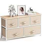 Fabric Dresser with 5 Drawers, Wide Dresser Storage Tower, Organizer Unit with Wood Top and Easy ...