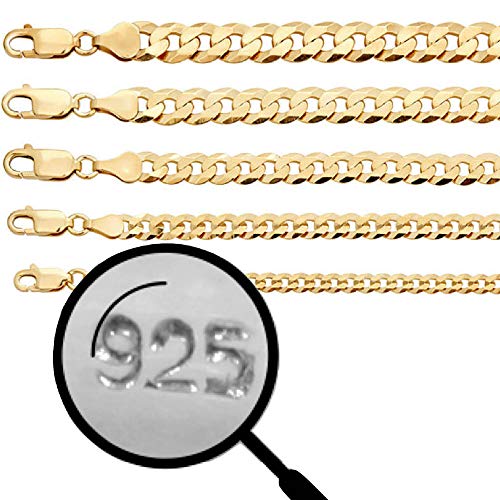 Harlembling Men's Flat Cuban Chain 14k Gold Over Solid 925 Sterling Silver - Made in Italy - 18-30
