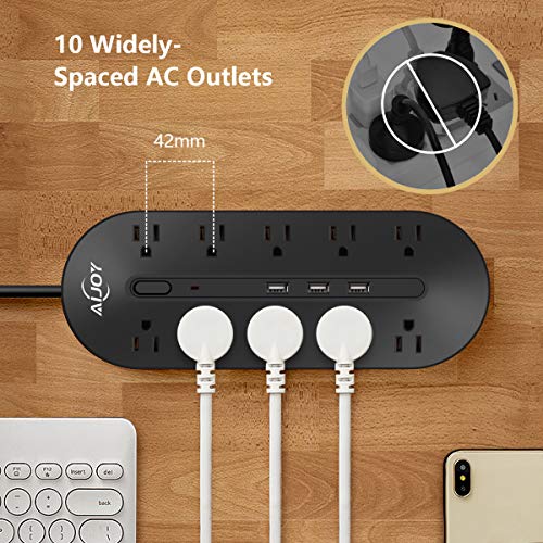 AiJoy Surge Protector Power Strip 10FT Extension Cord 10 Outlet 3 USB Fast Charging Ports 0utlet Strip 3000W