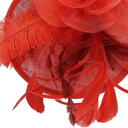Acecharming Fascinators for Women, Feather Sinamay Fascinators with Headbands Tea Party Pillbox Hat Flower Derby Hats(Red-02)