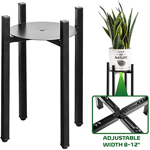 Goombi Adjustable Modern Plant Stand Indoor – Black Metal Planter Fits Medium & Large Pots Sizes 8 9 10 11 12 inches (Not Included) (Adjustable Width: 8-12″ x 11″ Tall)