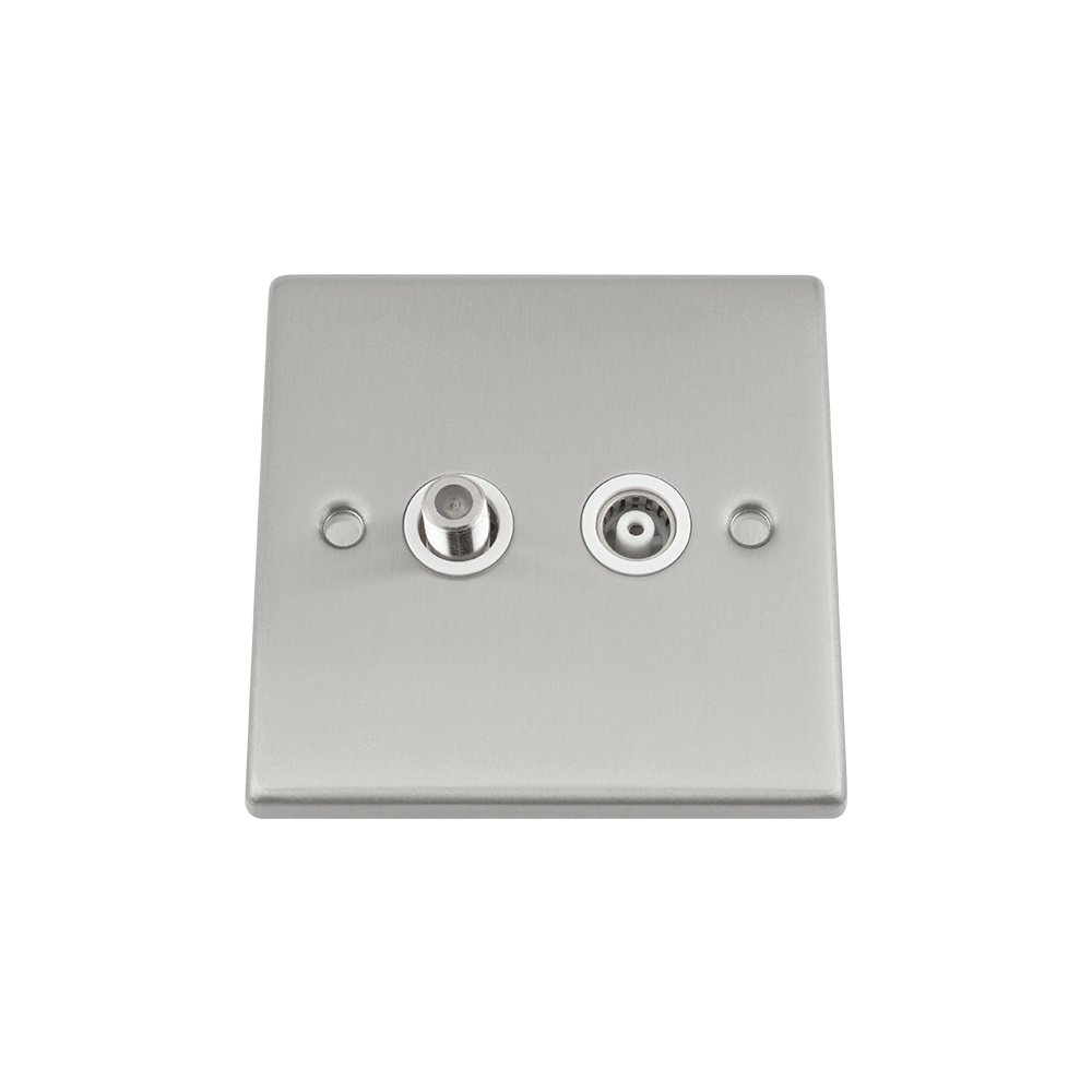 TV Aerial + Sky Satellite Wall Socket - Satin Matt Chrome Square - White Insert