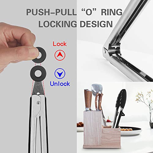 kenpiko Tongs for Cooking with Silicone Tips, 2 Pack Food-Grade Kitchen Tongs with Premium and Durable Stainless Steel, Silicone Tongs with Grill Brush and Cleaning Brush for Cooking, BBQ and Salad