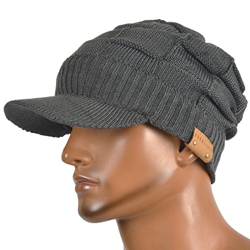 Men's Knit Cable Newsboy Cap Cadet Cabbie Peak Cap Winter Hat (Check-Grey)