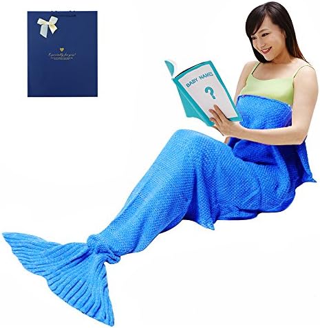 Mermaid Tail Blanket, Swelltoda Sofa Blanket Sleeping Bag Hand Knitted Crochet Mermaid Costume for Girls (Sea Blue)
