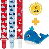 4-in-1 Pacifier Clips+Antibacterial Pacifier Holder by Moskka-Set of 3 Universal Pacifier Clips&Paciafier Pocket/Case Infant Teething Ring&Toys Holder for Baby Boy And Girl-Baby Shower Gift-Whale