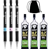 Bememo Mechanical Pencil Set, 0.7 mm HB, 3 Pieces Mechanical Pencils and 90 Pieces Lead Refills with Black Velvet Bag for Writing, Drawing, Signature