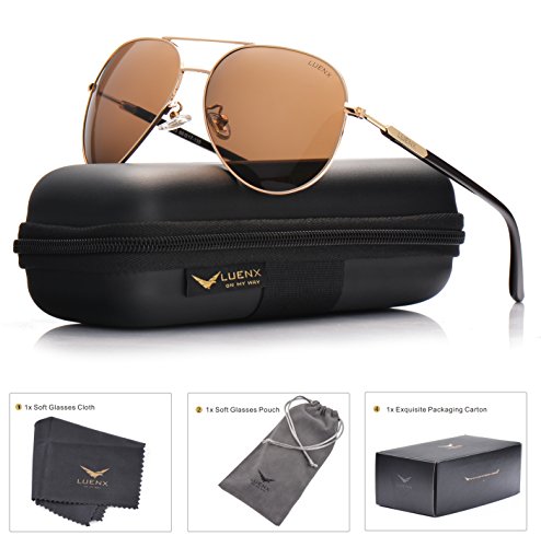 LUENX Aviator Sunglasses Mens Womens Polarized Brown Lens Gold Metal Frame Large 60mm