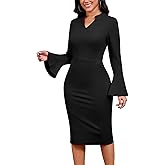 Church Dresses for Women Flare Sleeve V Neck Business Wear to Work Vintage Mid Pencil Formal Dress with Pocket
