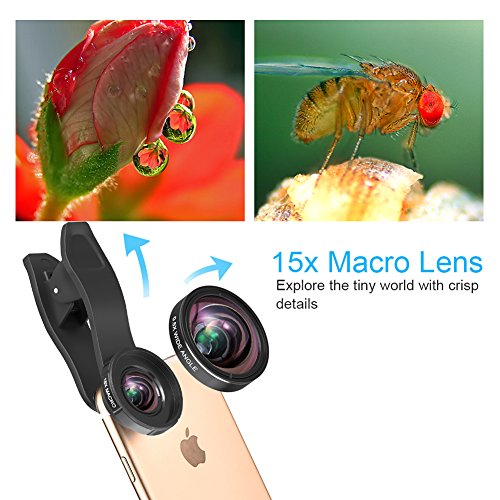 image for ARORY Phone Camera Lens, 230° Fisheye Lens + 15x Macro Lens + 0.6X Wi
