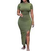 Womens Bodycon Maxi Dress Split Striped Ribbed Crewneck Short Sleeves Casual Sundress Solid Sexy Long Summer Dresses