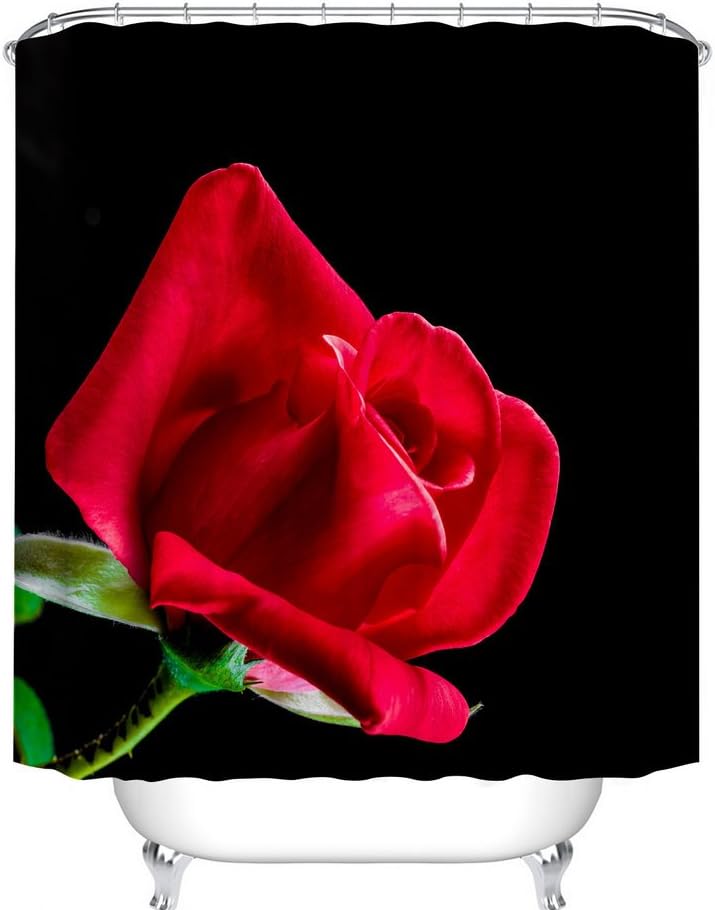Fangkun Shower Curtain Rose Flower Printed Decor Set - Romantic Love Gift - Polyester Fabric Bath Curtains - 12pcs Hooks - Red Black - 72 x 72 inches
