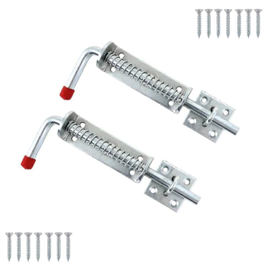 TERF® Heavy Duty Spring Loaded Bolt 200mm (8 inch) with Fixing Screw Silver Use for Barrel Bolt Lock Spring Pin Loaded Locking Latch Equestrian Bolt Gate Trailer Garage - Pack of 2