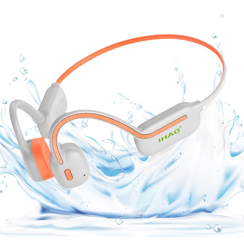 Photo 1 of IHAO Swimming Headphones True Bone Conduction Open Ear Headset MP3 Player Built-in 32G Memory IP68 Underwater Waterproof Stereo Bluetooth Earphone for Driving Bicycling Running Skiing-Orange