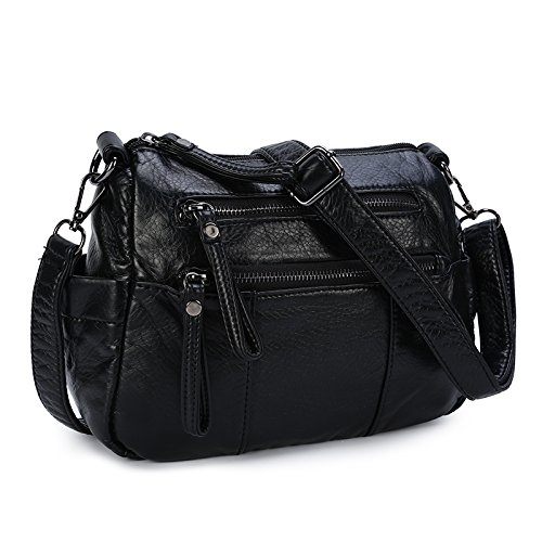 Borse a tracolla da donna in pelle Borse a tracolla casual lavato in PU per ragazze-Nero-4