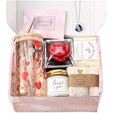 Valentines Day Gifts for Women, Preserved Roses Mothers Day ideas Gift, Unique 16 oz Valentines Glass Cup Necklace Gifts Set for Her Girlfriend Wife Mom Daughter Sister