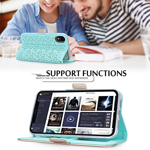 Homelove WWW Wallet Case for iPhone XR, [Luxurious Romantic Carved Flower] Leather Wallet Case with [Inside Makeup Mirror] and [Kickstand Feature] for Apple iPhone XR Case (2018) Mint Green - Thumbnail 5
