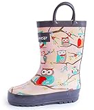 Oakiwear Girls Rubber Rain Boots w/ Easy-On Handles - Pink Owls