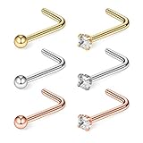 Ruifan 6PCS 18G 316L Surgical Steel 2mm Top Ball & 2.5mm Clear Diamond Cubic Zirconia Crystal Curved Nose Stud Ring L Shaped Piercing Jewelry