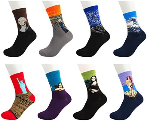 Mixsense 8 Pairs Mens Famous Art Painting Patterned Colorful Funny Casual Crew Cotton Dress Socks