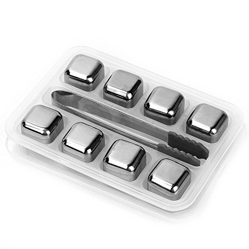 Whiskey Stones, MCIRCO 8-piece Stainless Steel Reusable Ice Cubes Whiskey Stones Cooling Rocks Sipping Stones for Wine, Coffee and Soda with Freezing Storage Tray and Tongs