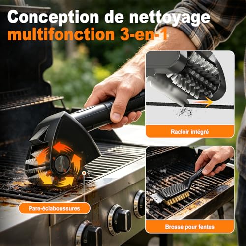 Electric Barbecue Brush, Cordless BBQ Cleaning Brush, 4000 mAh Battery, 304 Stainless Steel Brush Head, BBQ Grill, 2 Speed, Autonomy 90 Min, Waterproof, LED Light, Men's Gift