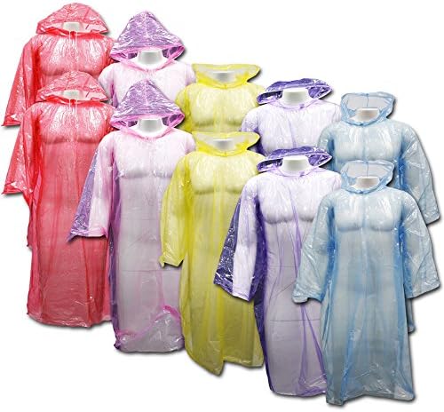 Outdoor Alchemist 10 Pack Emergency Rain Ponchos with Sleeves and Drawstring Hood, Long Large Plastic for Hiking or Camping, One Size Fits Adult Disposable Rain Coat Gear for Men or Women (Assorted)