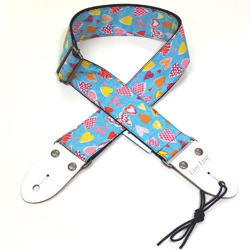 Live Line 2" = 50mm wide woven Guitar Strap with leather ends, Hearts on Blue LS2400BUH