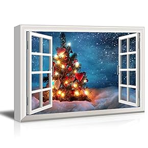 Window Frame Style Canvas Wall Art - Christmas Tree in Snow - Giclee Print Gallery Wrap Modern Home Art Ready to Hang - 12x18 inches